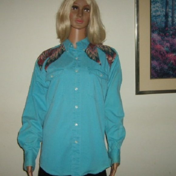 Vintage Western Shirt Womens S Tall Greatland Apparel Turquoise Custom Applique - Picture 2 of 5